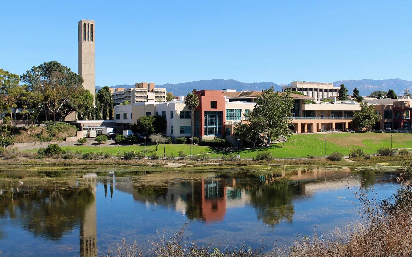 UCSB University Center and Storke Tower at UC Santa Barbara in Goleta, with modernist campus architecture overlooking the lagoon